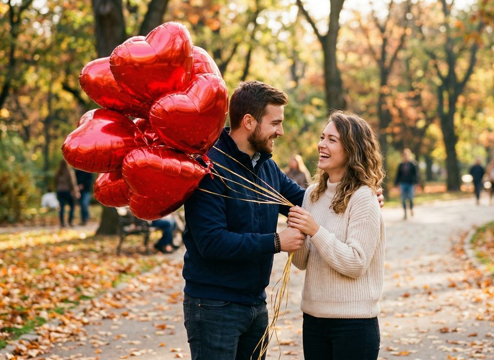 Stel met rode hartballonnen als Valentijnscadeau