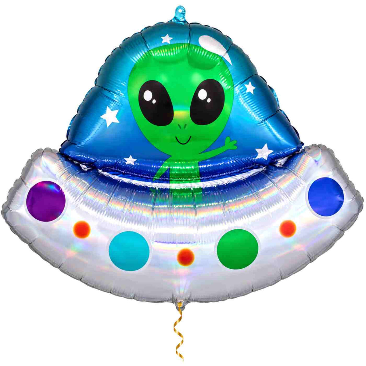 Alien Helium XL Ballon met dun metallic gouden lint op witte achtergrond – Ballonnenshop.nl