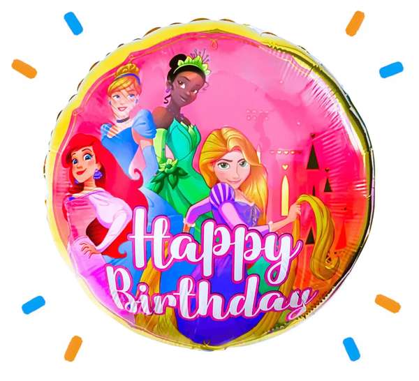 Ariel, Assepoester, Tiana & Rapunzel Disney Prinsessen Happy Birthday Helium Ballon - Gevuld Met Helium - 46 cm - Ballonnenshop.nl