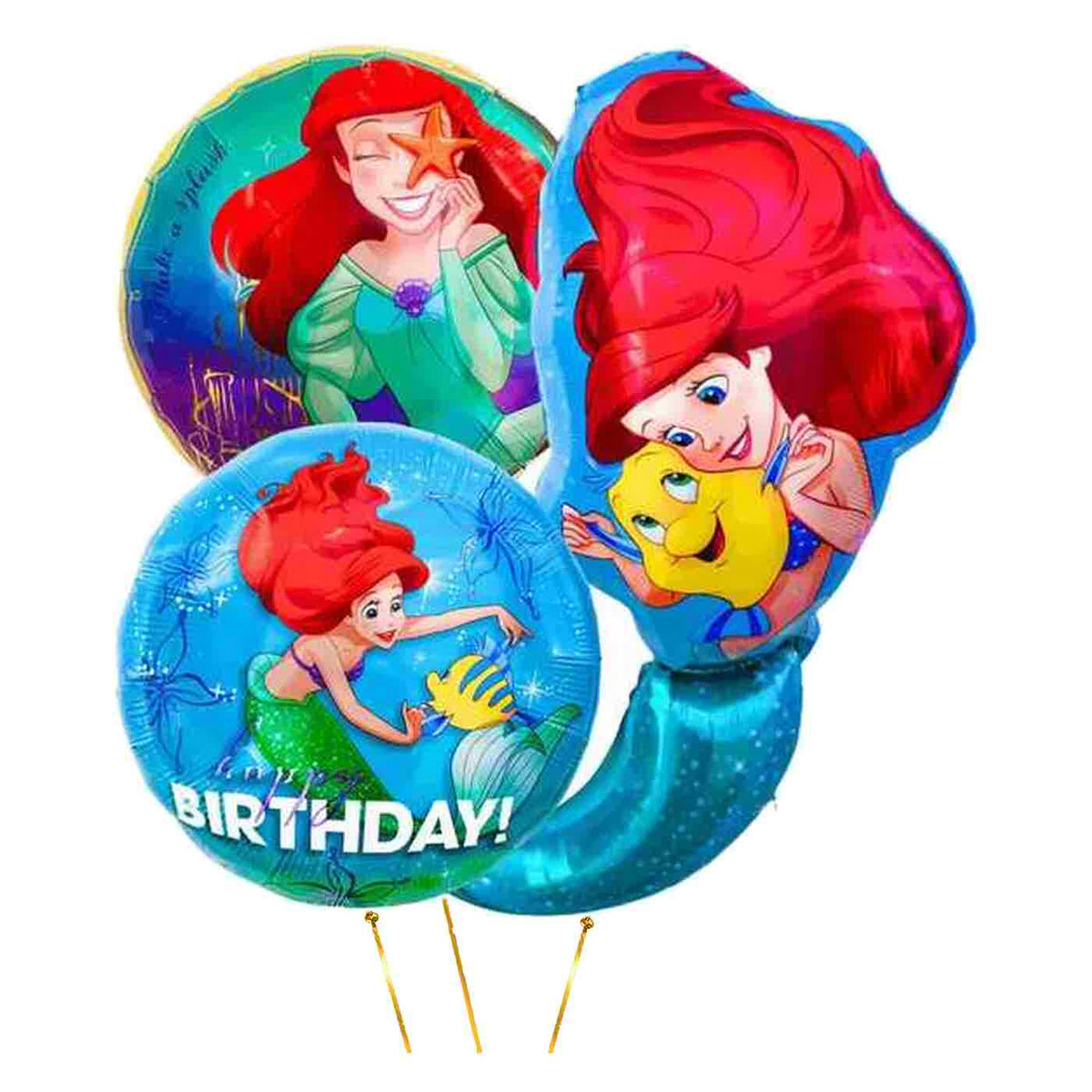 Ariel Disney Prinses XL Tros – heliumgevulde ballonnen met dunne metallic-gouden lintjes op een witte achtergrond