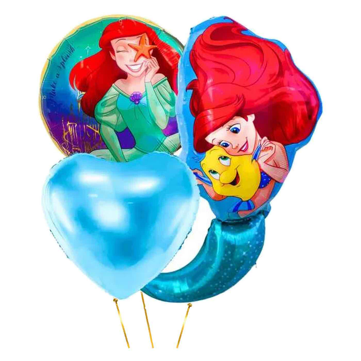Ariel Disney Prinses Trosje – heliumgevulde ballonnen met dunne metallic-gouden lintjes op een witte achtergrond