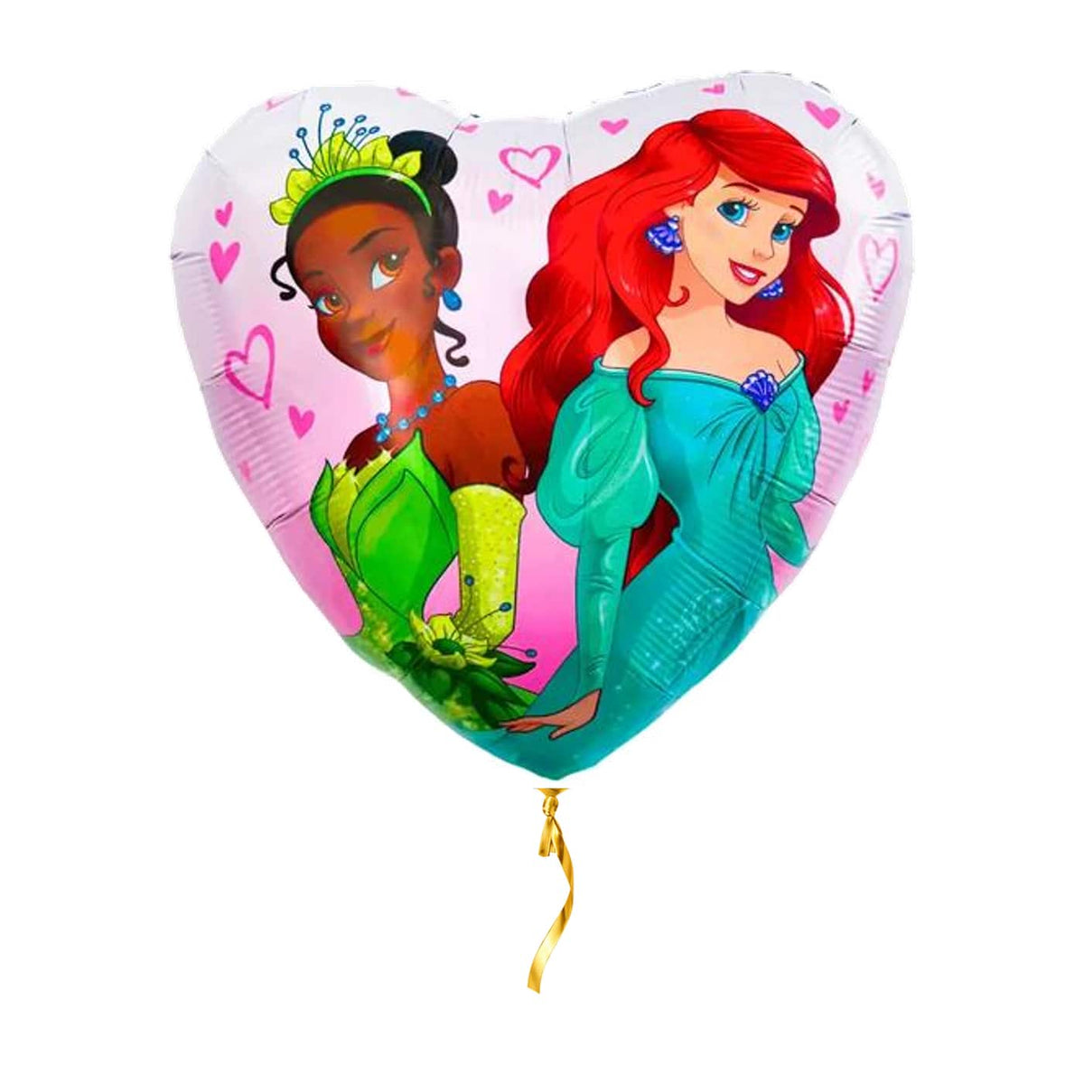 Ariel & Tiana Disney Prinses Hart – met helium gevuld, met gouden lint