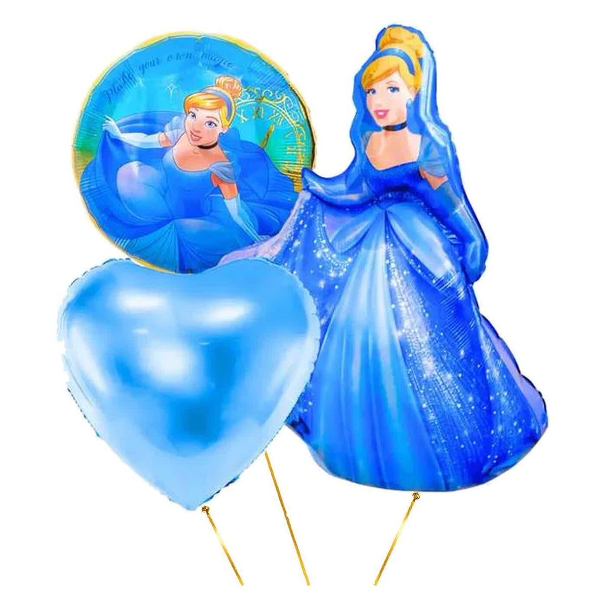 Assepoester Disney Prinses Trosje – heliumgevulde ballonnen met dunne metallic-gouden lintjes op een witte achtergrond