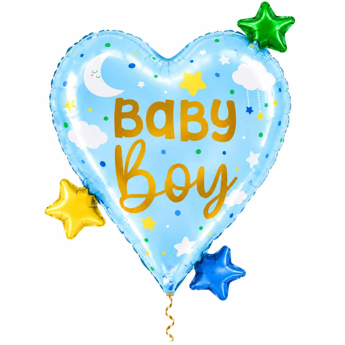 Baby Boy Hart Sterren XL Ballon met dun metallic gouden lint op witte achtergrond