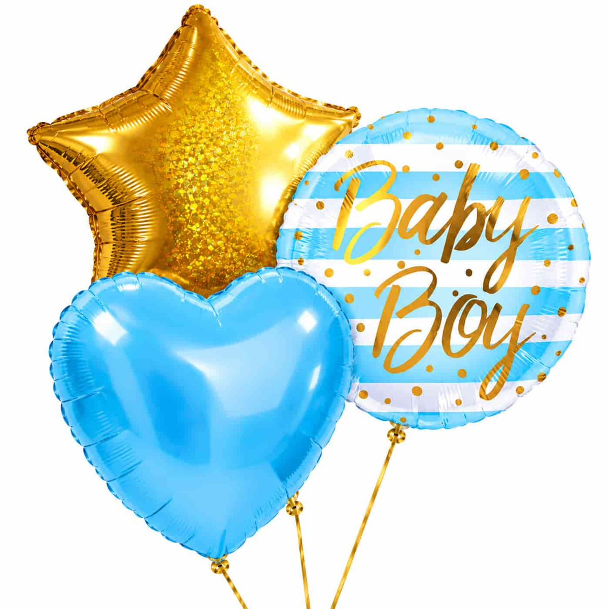 Baby Boy Trosje Helium Ballonnen – drie met helium gevulde ballonnen met gouden lintjes