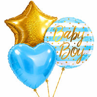 Baby Boy Trosje Helium Ballonnen – drie met helium gevulde ballonnen met gouden lintjes