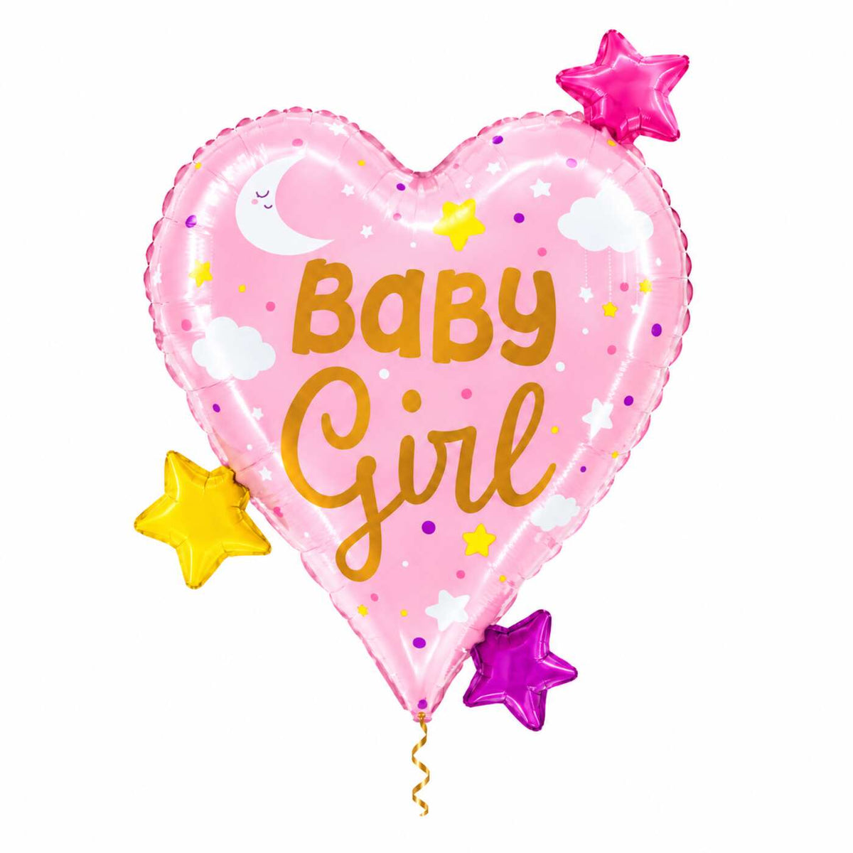 Baby Girl Hart Sterren XL Ballon met dun metallic gouden lint op witte achtergrond