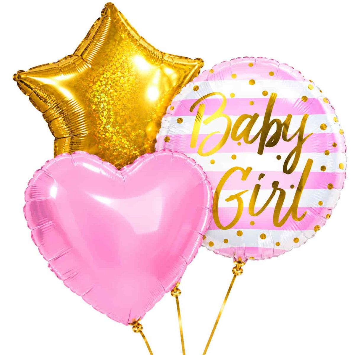 Baby Girl Trosje Helium Ballonnen – drie met helium gevulde ballonnen met gouden lintjes