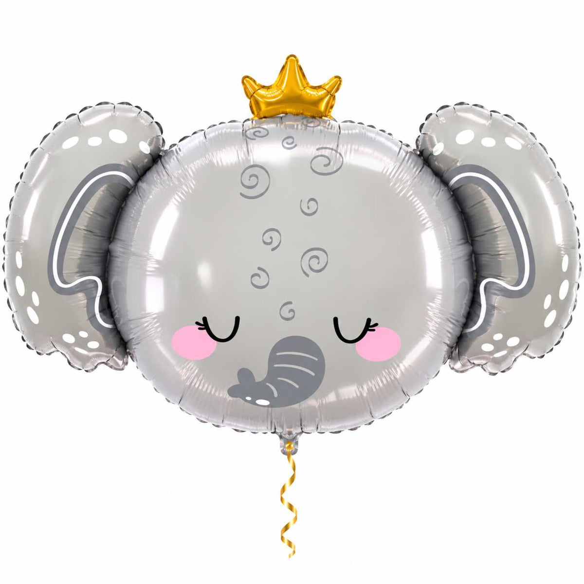 Baby Olifant Helium Ballon met dun metallic gouden lint op witte achtergrond