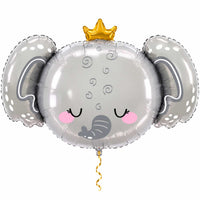 Baby Olifant Helium Ballon met dun metallic gouden lint op witte achtergrond