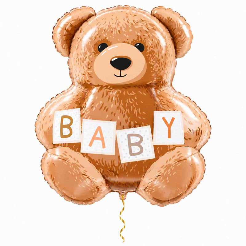 Baby Teddy Bear helium ballon van 61 cm met BABY-opdruk en dun metallic-gouden lint – Ballonnenshop.nl