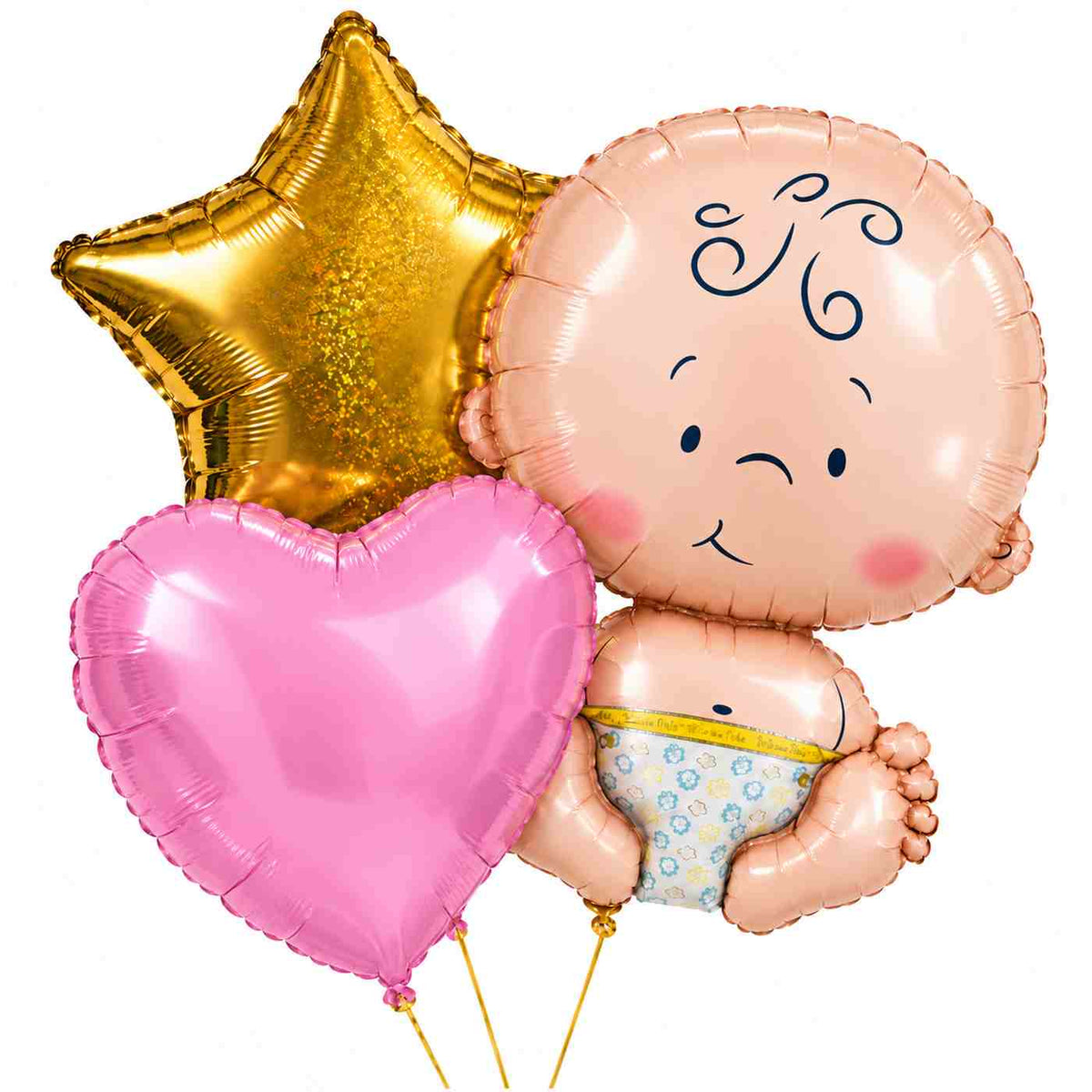 Baby Trosje Helium Ballonnen Roze met babyfiguur, gouden ster en roze hart