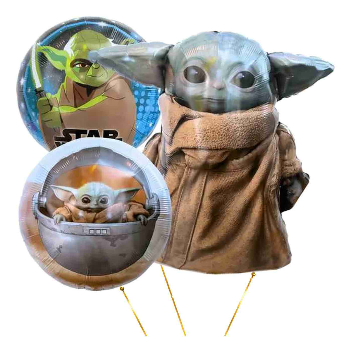 Baby Yoda Trosje XL – heliumgevulde ballonnen met dunne metallic-gouden lintjes op een witte achtergrond