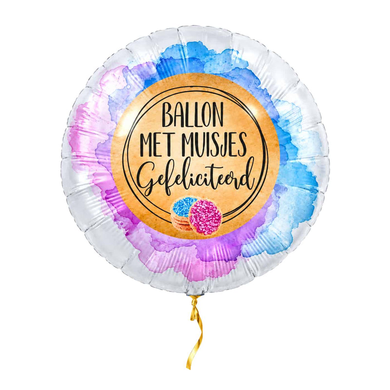 Met Muisjes Gefeliciteerd Ballon – met helium gevuld, met gouden lint