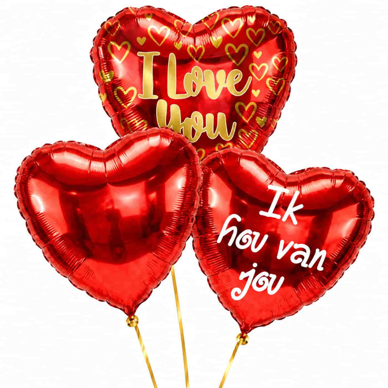 Ballonnentros Ik Hou Van Jou – Dit is geven met Liefde – heliumgevulde ballonnen met dunne gouden lintjes op een witte achtergrond