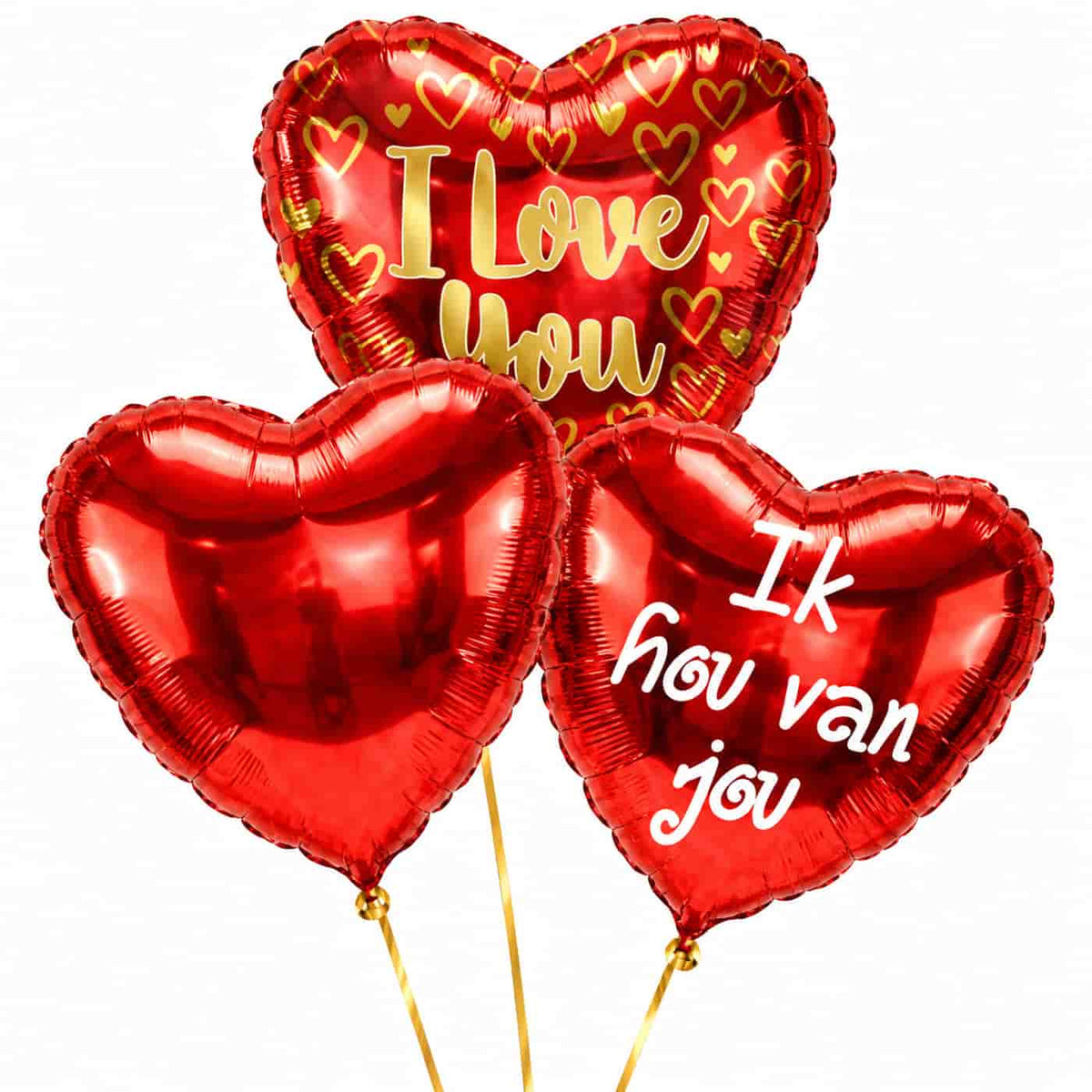 Ballonnentros Ik Hou Van Jou – Dit is geven met Liefde – heliumgevulde ballonnen met dunne gouden lintjes op een witte achtergrond