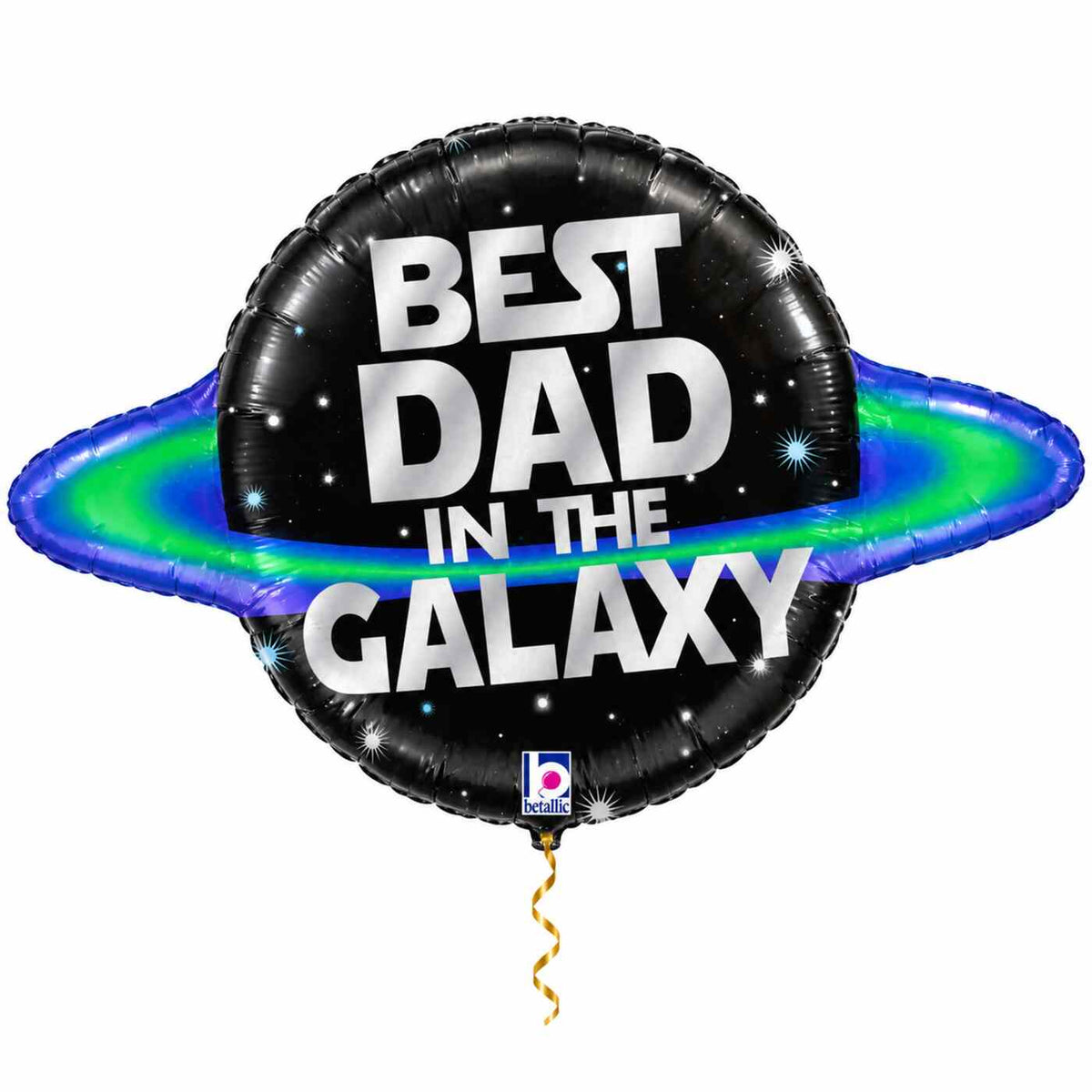 Best Dad In The Galaxy XL Ballon met dun metallic gouden lint op witte achtergrond – Ballonnenshop.nl