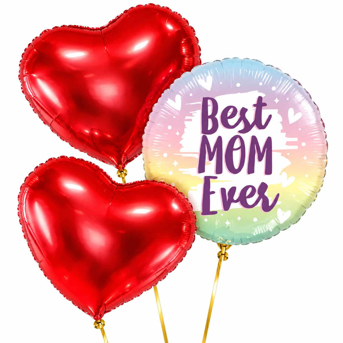 Best Mom Ever Trosje Ballonnen – drie heliumgevulde ballonnen met dunne gouden lintjes op een witte achtergrond