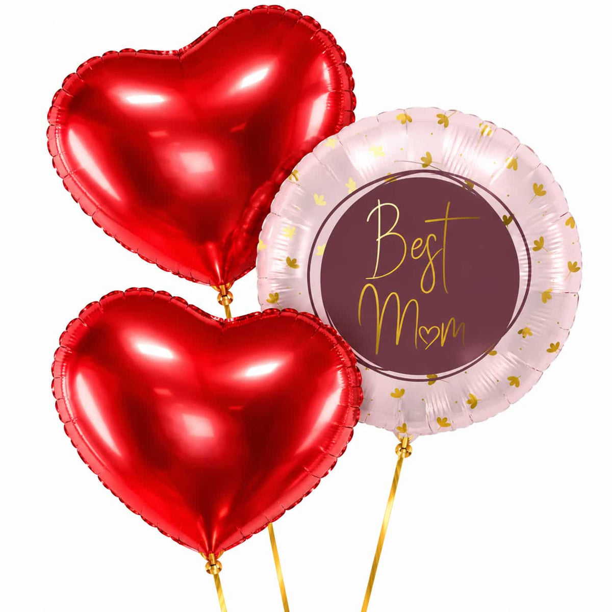 Best Mom Trosje Ballonnen Roze – heliumgevulde ballonnen met dunne gouden lintjes op een witte achtergrond