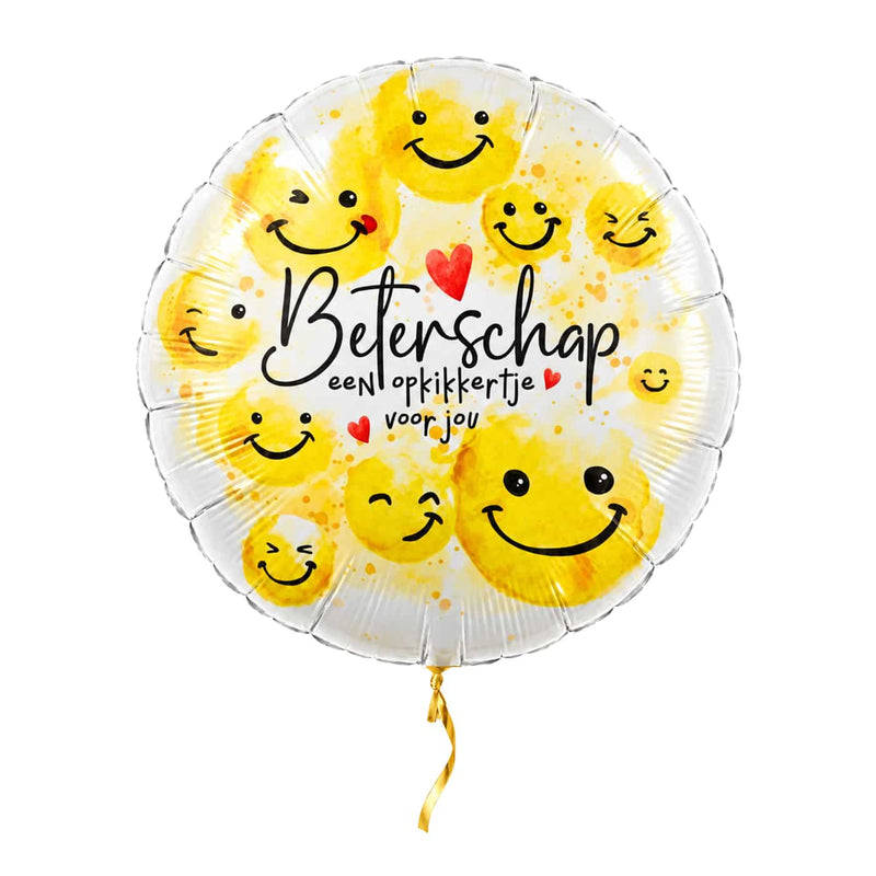 Beterschap Smiley Opkikker Ballon – met helium gevuld, met gouden lint
