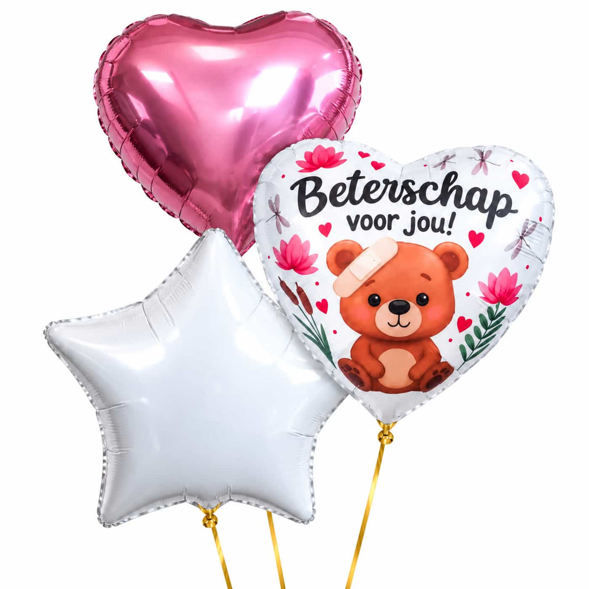 Beterschap Trosje Ballonnen – heliumgevulde ballonnen met dunne gouden lintjes op een witte achtergrond