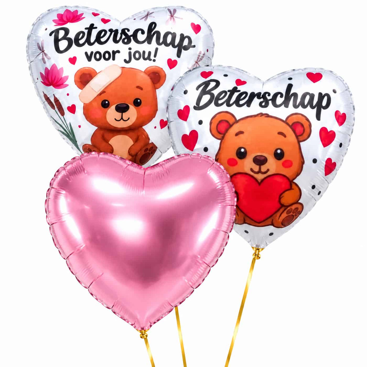 Beterschap Voor Jou! Trosje Roze – heliumgevulde ballonnen met dunne gouden lintjes op een witte achtergrond