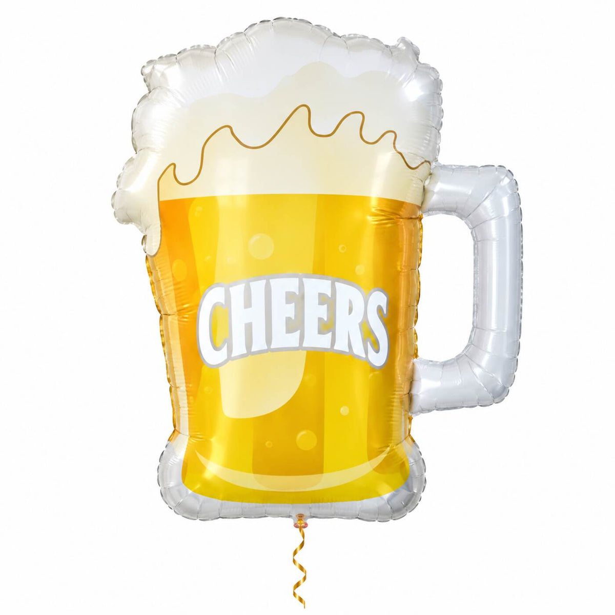 Bier Helium XL Ballon Cheers met dun metallic gouden lint op witte achtergrond – Ballonnenshop.nl