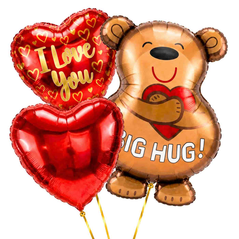 Big Hug Ballonnentros – heliumgevulde ballonnen met dunne gouden lintjes op een witte achtergrond