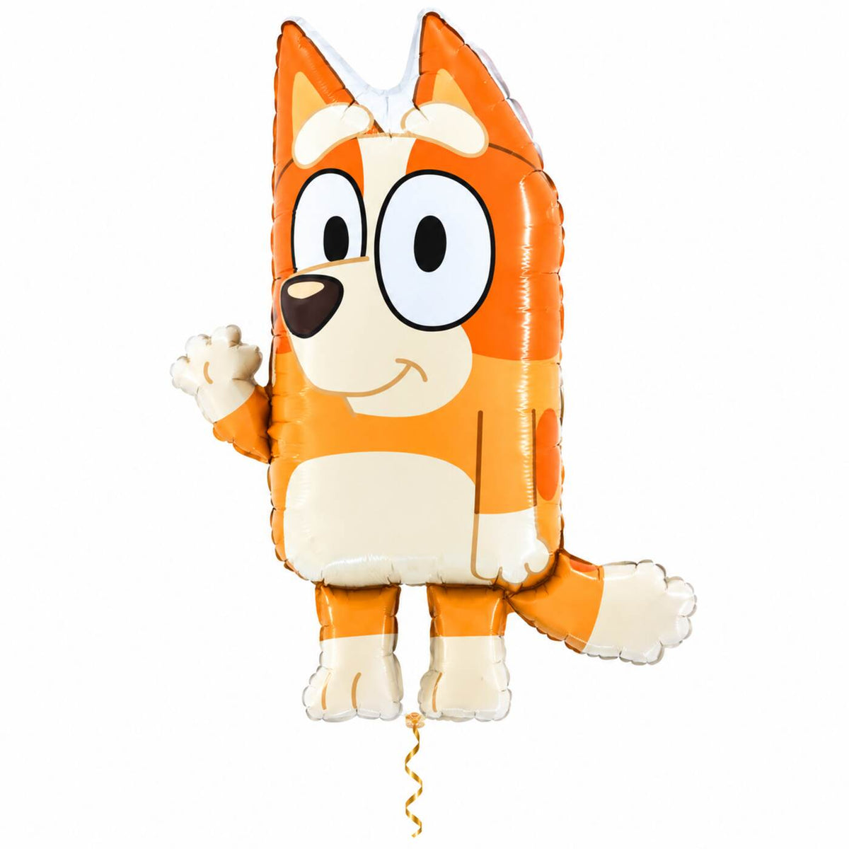 Bingo Bluey Helium XL Ballon met dun metallic gouden lint op witte achtergrond – Ballonnenshop.nl
