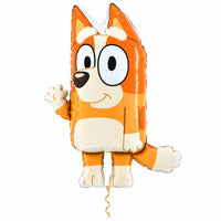 Bingo Bluey Helium XL Ballon met dun metallic gouden lint op witte achtergrond – Ballonnenshop.nl