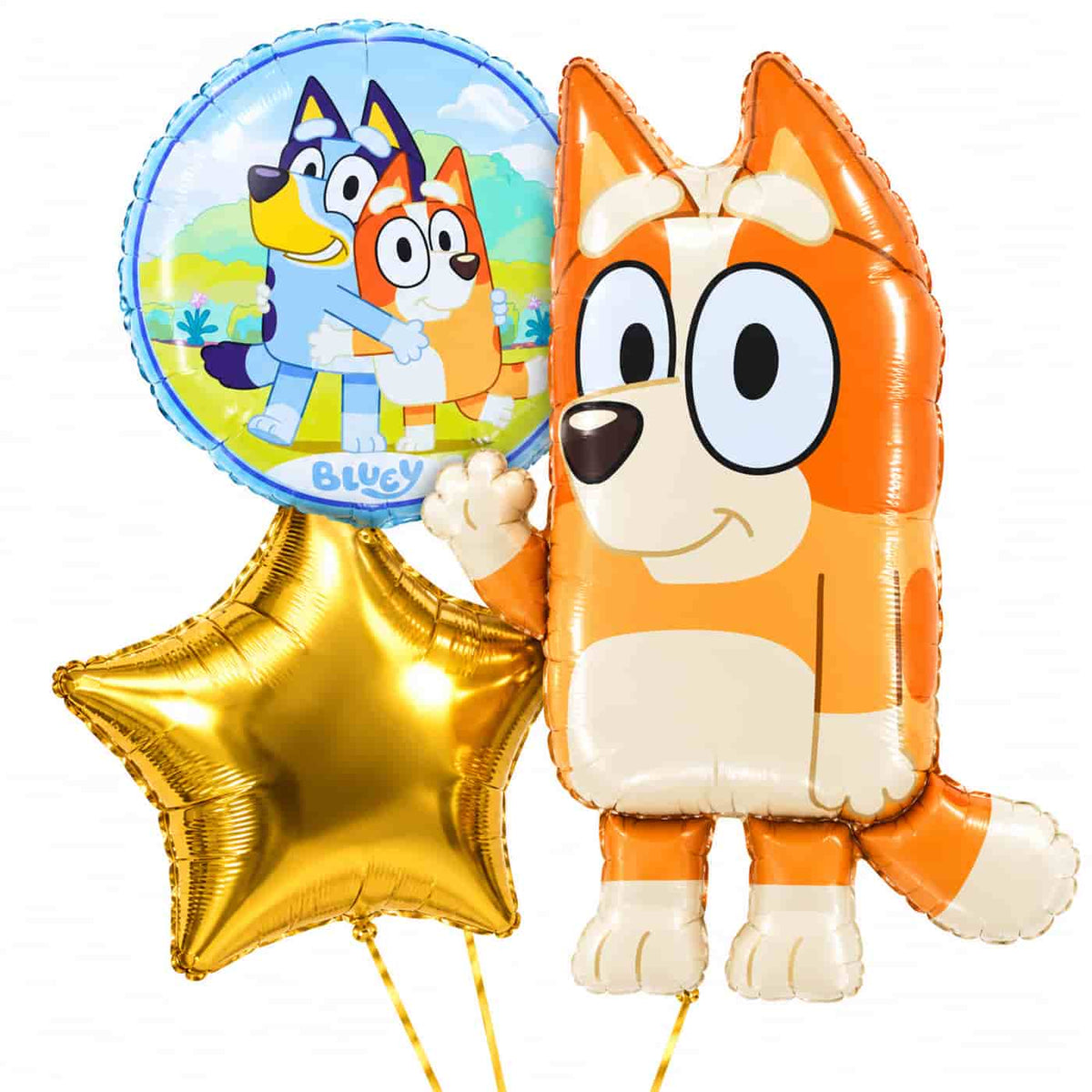 Bingo Bluey Trosje – heliumgevulde ballonnen met dunne gouden lintjes op een witte achtergrond