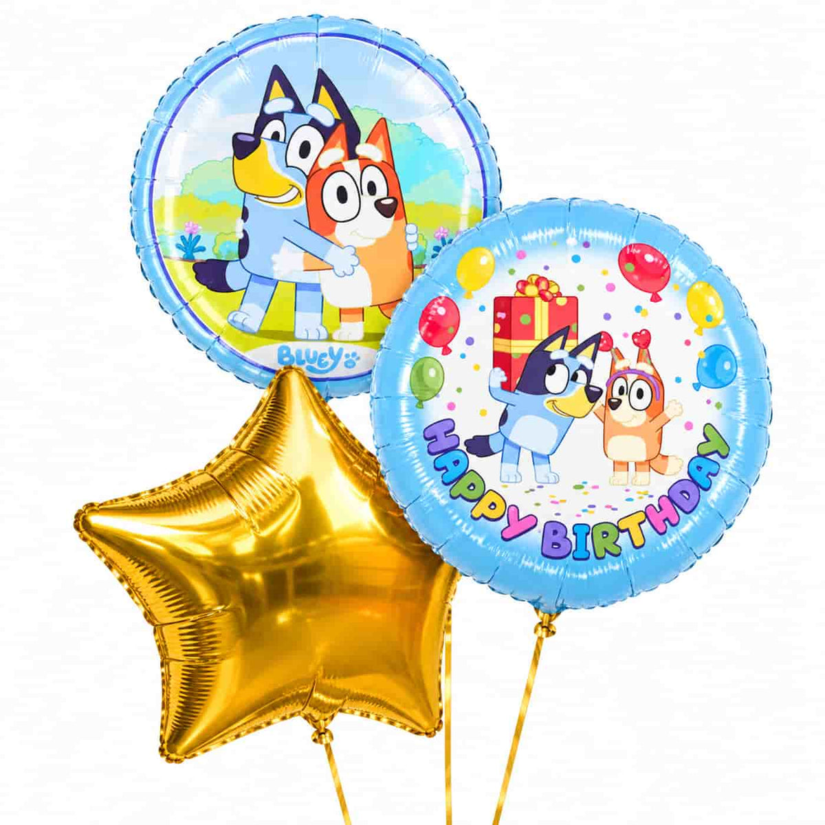Bluey Happy Birthday Trosje Blauw – heliumgevulde ballonnen met dunne gouden lintjes op een witte achtergrond