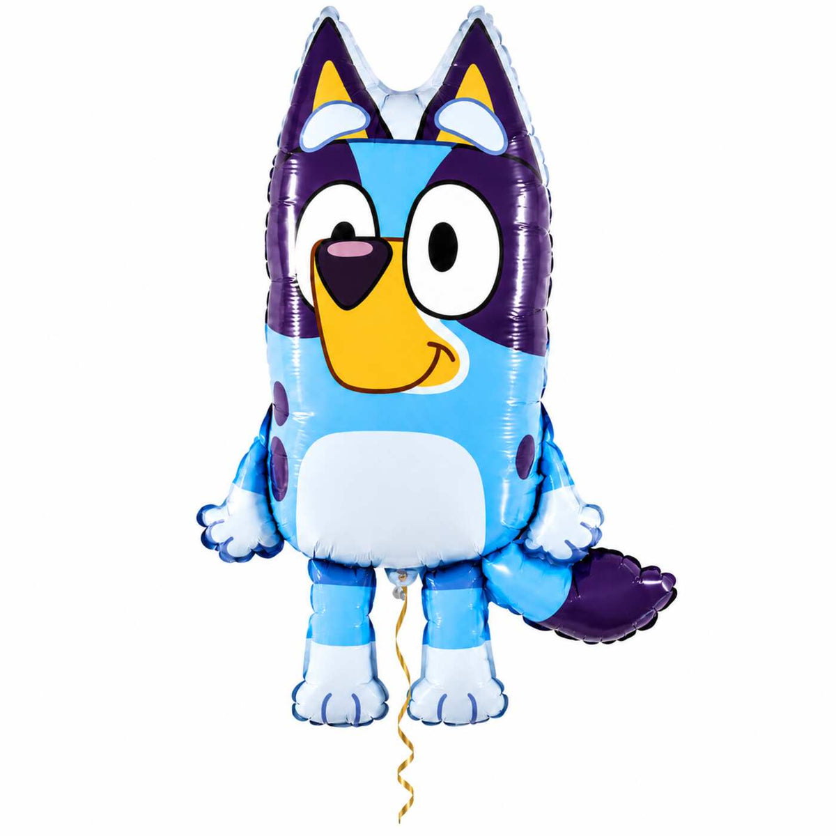 Bluey Helium XL Ballon met dun metallic gouden lint op witte achtergrond – Ballonnenshop.nl