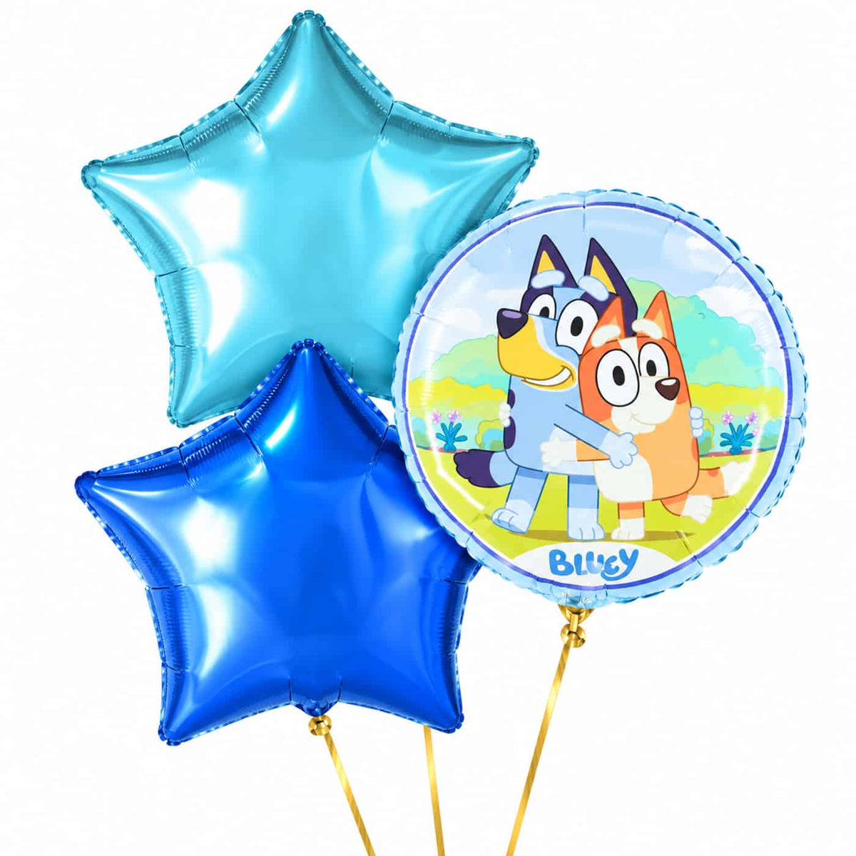 Bluey Trosje Blauw – heliumgevulde ballonnen met dunne gouden lintjes op een witte achtergrond