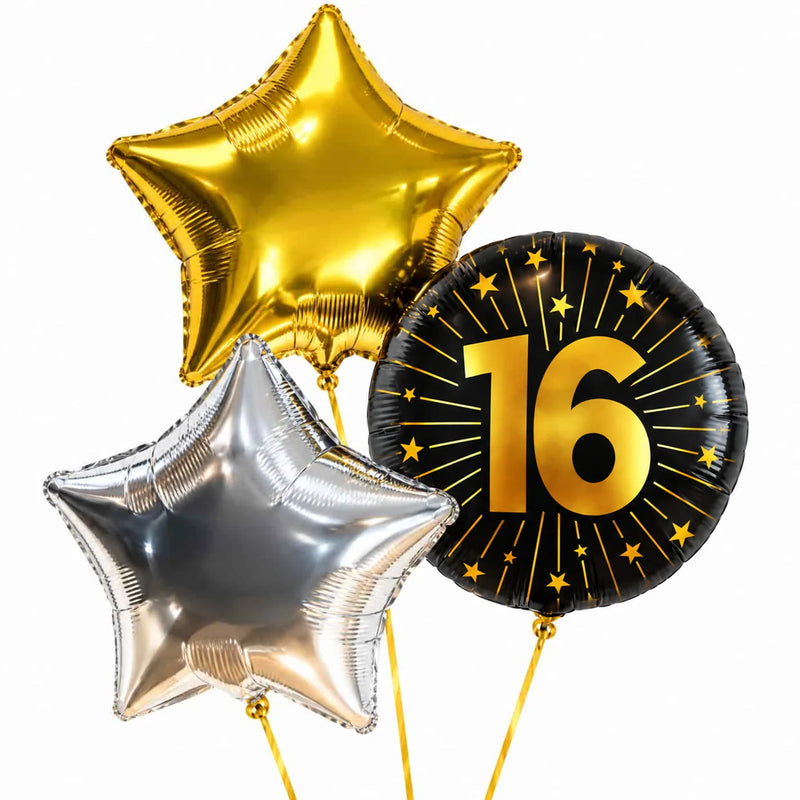 16 Jaar Trosje Zilver/Zwart/Goud – heliumgevulde ballonnen met dunne gouden lintjes op een witte achtergrond
