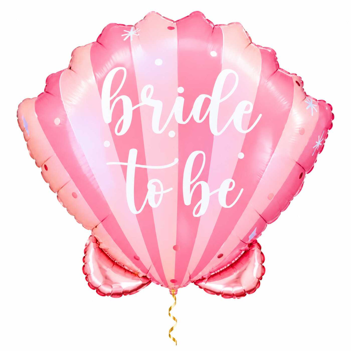 Bride To Be Schelp Helium Ballon met dun metallic gouden lint op witte achtergrond – Ballonnenshop.nl