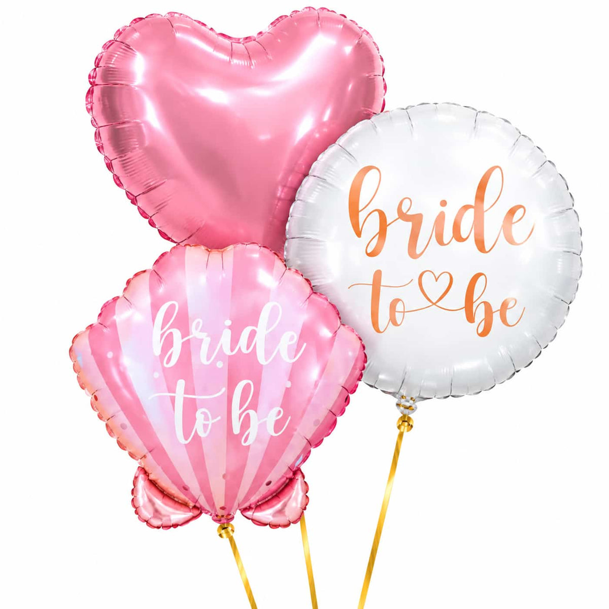 Bride To Be Trosje Ballonnen – heliumgevulde ballonnen met dunne gouden lintjes op een witte achtergrond