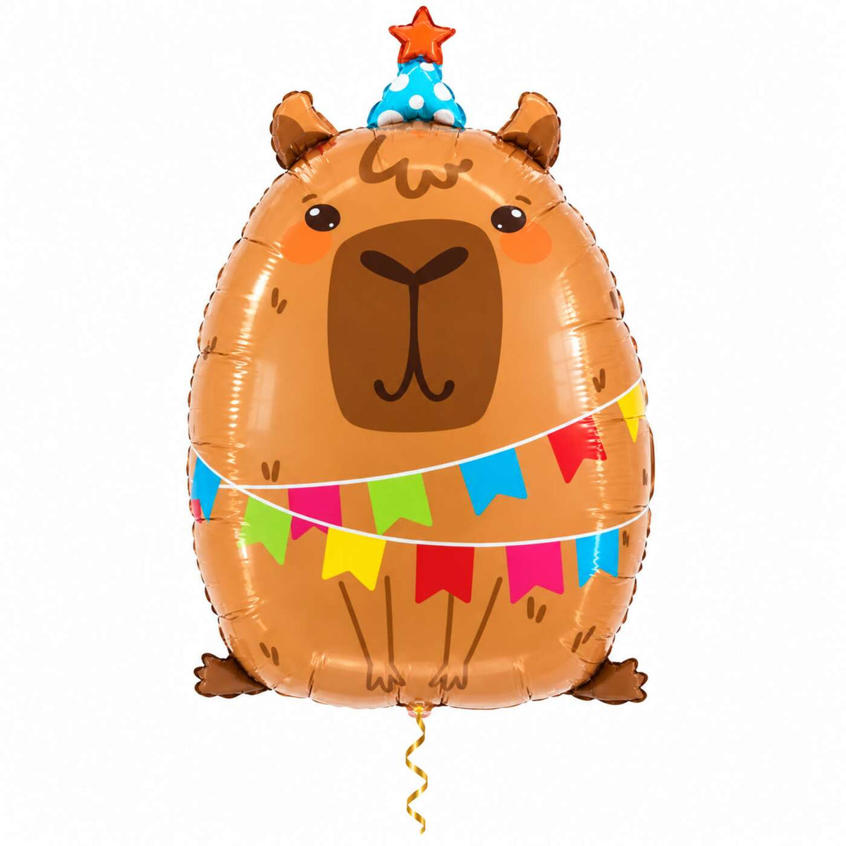 Capybara Helium Ballon met dun metallic gouden lint op witte achtergrond – Ballonnenshop.nl