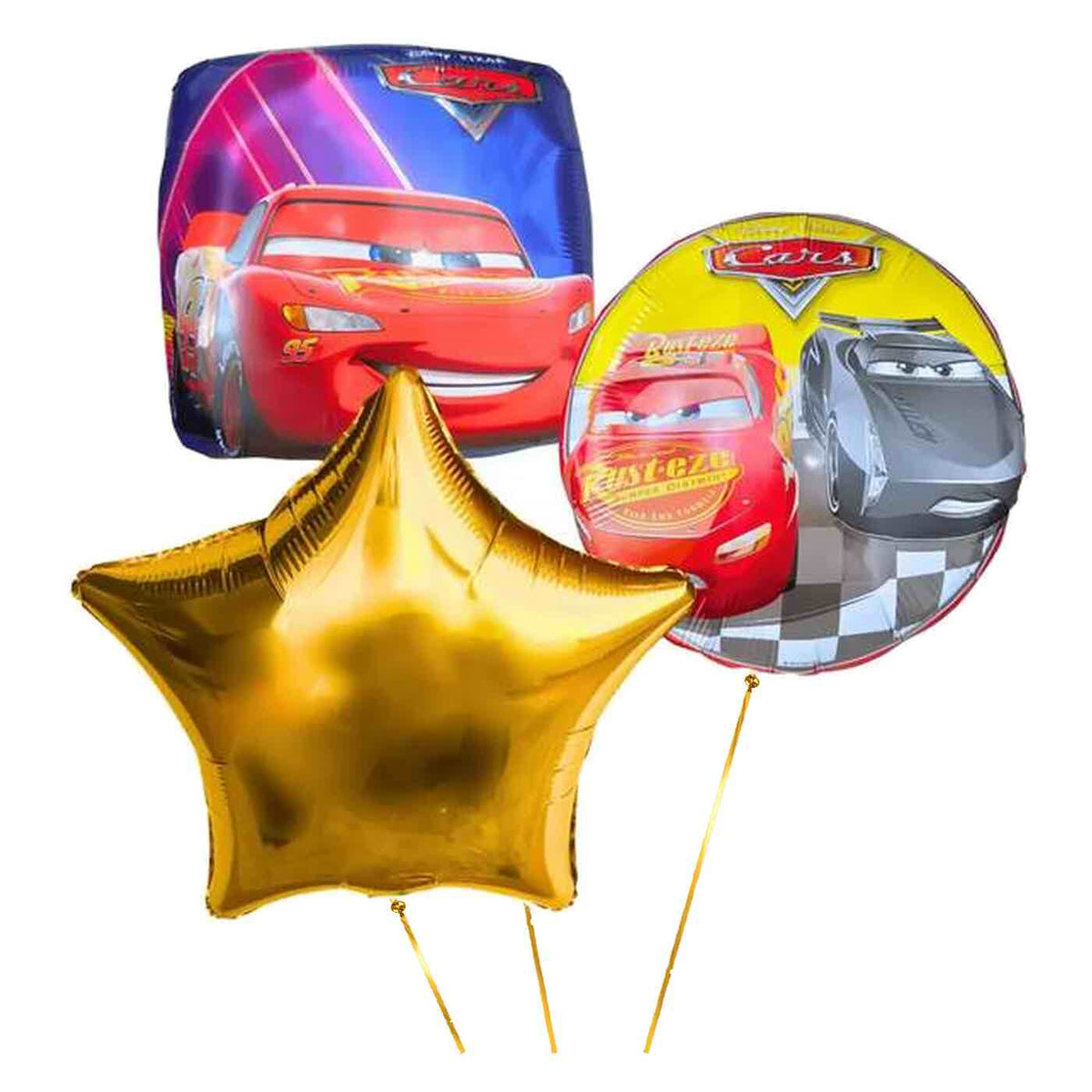 Cars Trosje Goud/Blauw/Rood – heliumgevulde ballonnen met dunne metallic-gouden lintjes op een witte achtergrond
