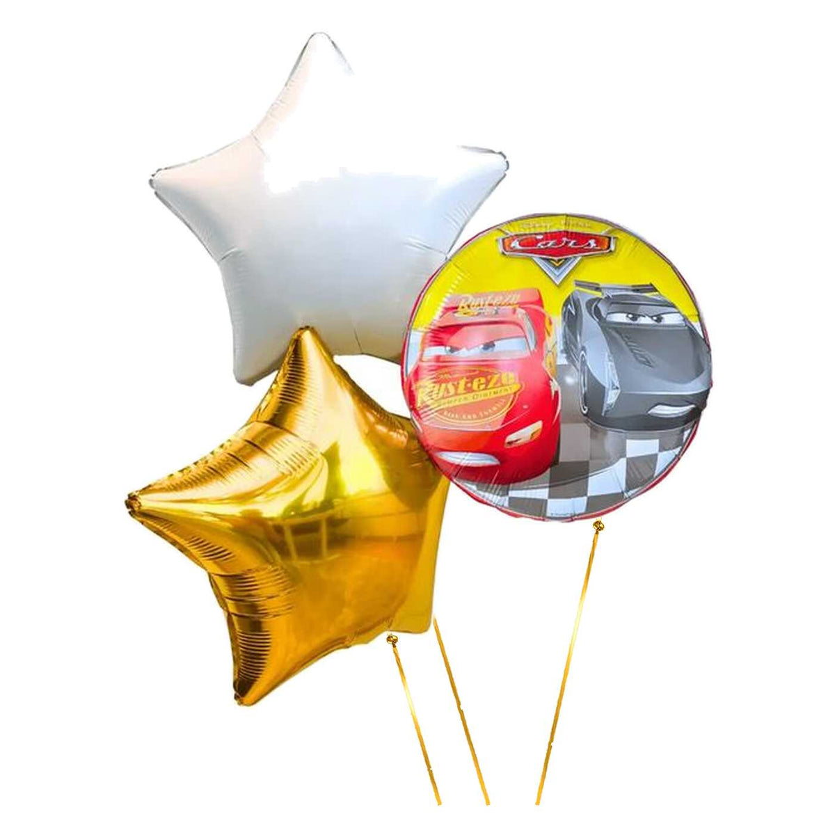 Cars Trosje Goud/Wit/Rood – heliumgevulde ballonnen met dunne metallic-gouden lintjes op een witte achtergrond