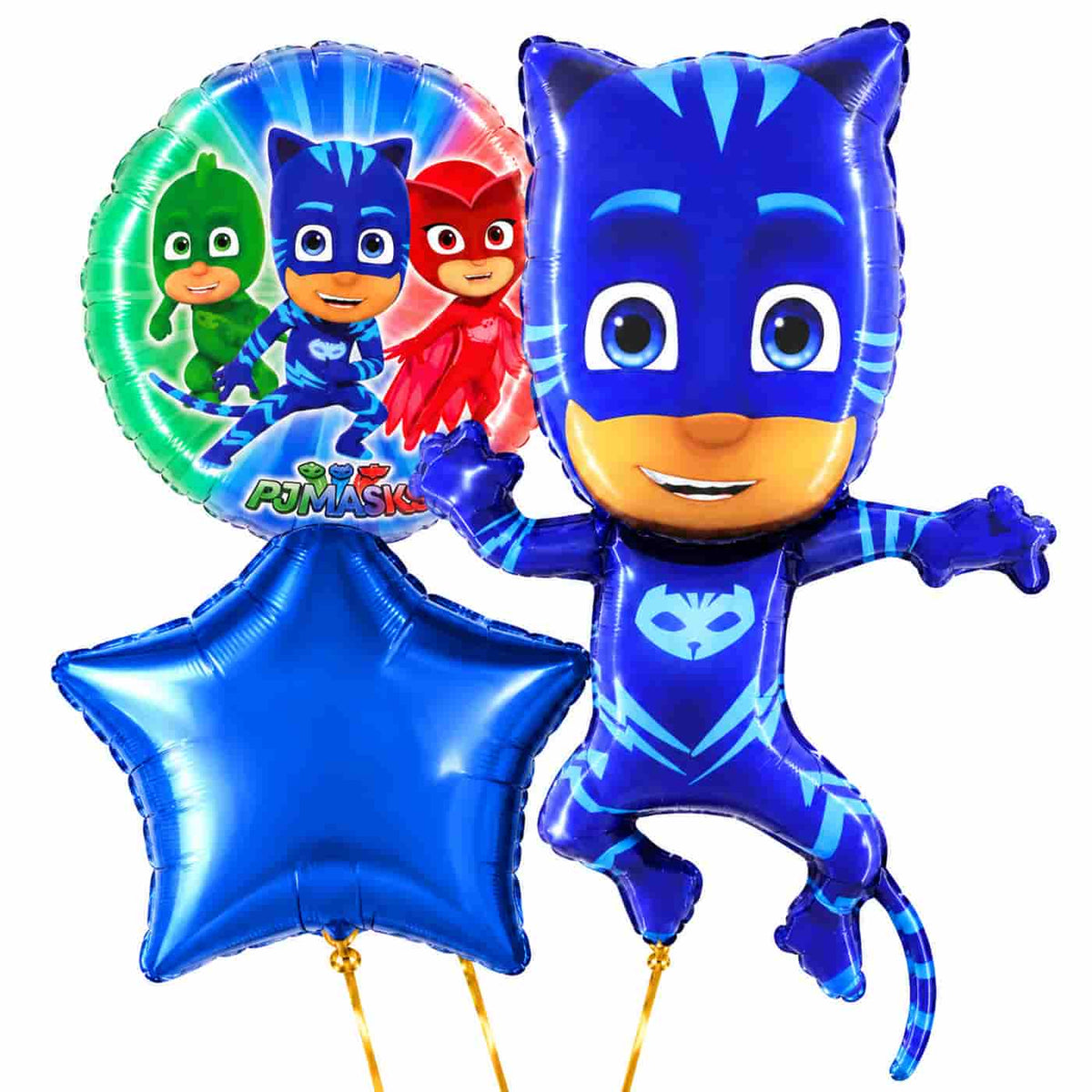 Catboy PJ Masks Trosje – heliumgevulde ballonnen met dunne gouden lintjes op een witte achtergrond