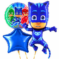Catboy PJ Masks Trosje – heliumgevulde ballonnen met dunne gouden lintjes op een witte achtergrond