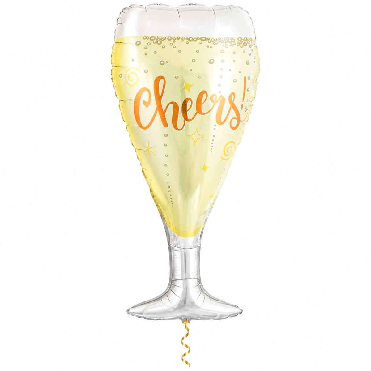 Champagneglas Helium XL Ballon met dun metallic gouden lint op witte achtergrond – Ballonnenshop.nl