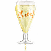 Champagneglas Helium XL Ballon met dun metallic gouden lint op witte achtergrond – Ballonnenshop.nl