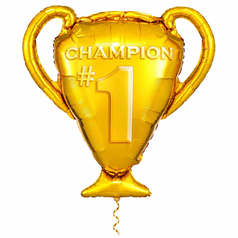 Champion #1 Helium XL Ballon met dun metallic gouden lint op witte achtergrond – Ballonnenshop.nl