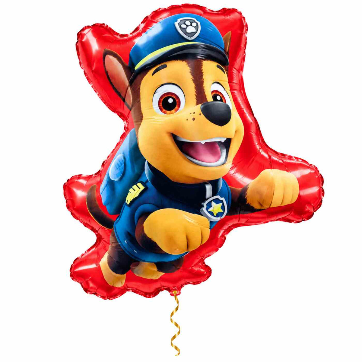 Chase Paw Patrol Helium Ballon met dun metallic gouden lint op witte achtergrond – Ballonnenshop.nl