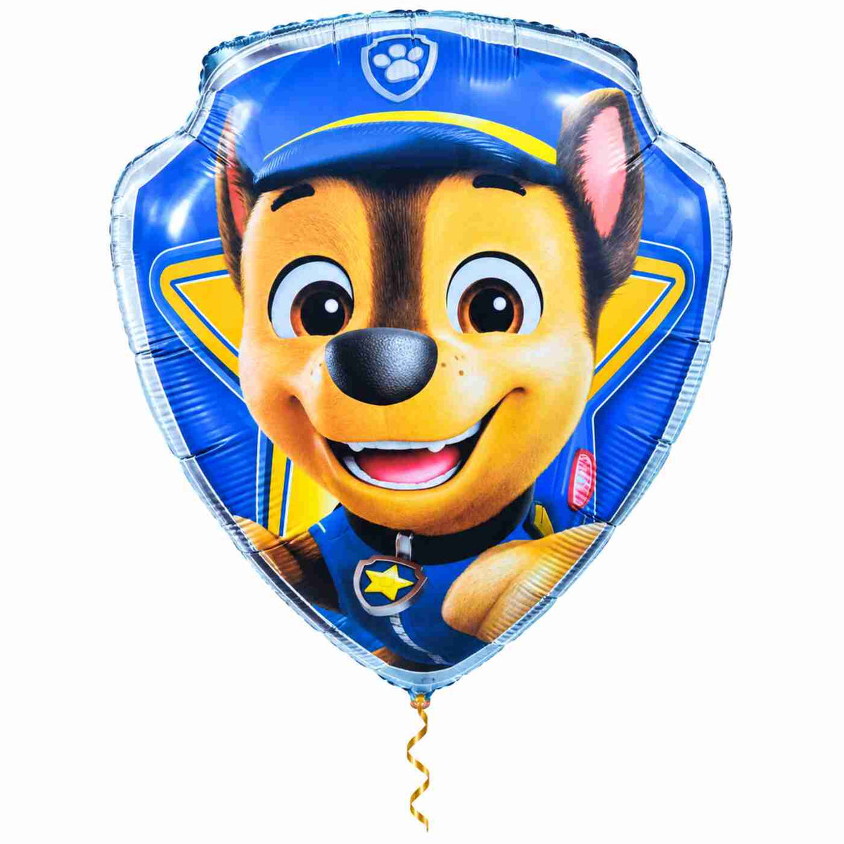 Chase Paw Patrol Helium XL Ballon met dun metallic gouden lint op witte achtergrond – Ballonnenshop.nl