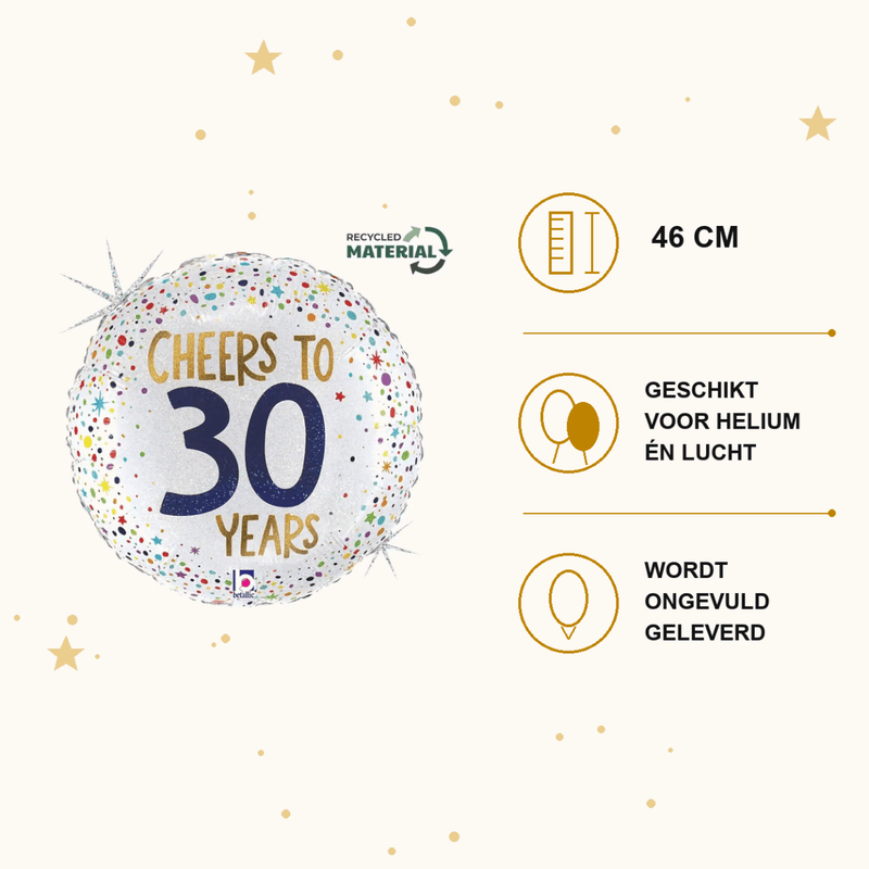 Cheers To 30 Years Folie Ballon - 46 cm - Ballonnenshop.nl