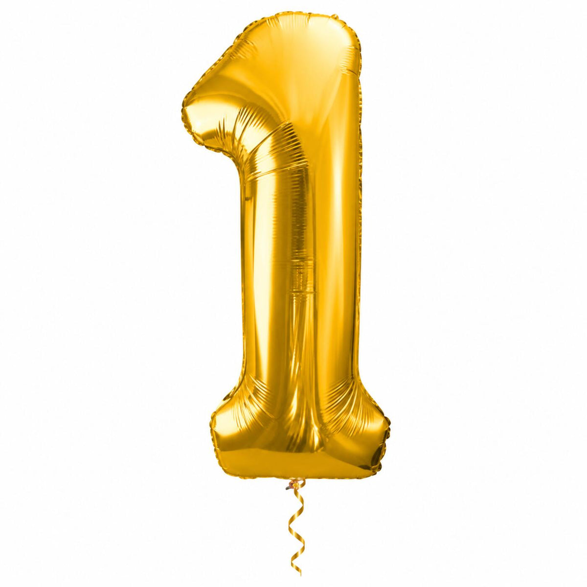 Cijfer 1 Helium Ballon Goud met dun metallic gouden lint op witte achtergrond – Ballonnenshop.nl