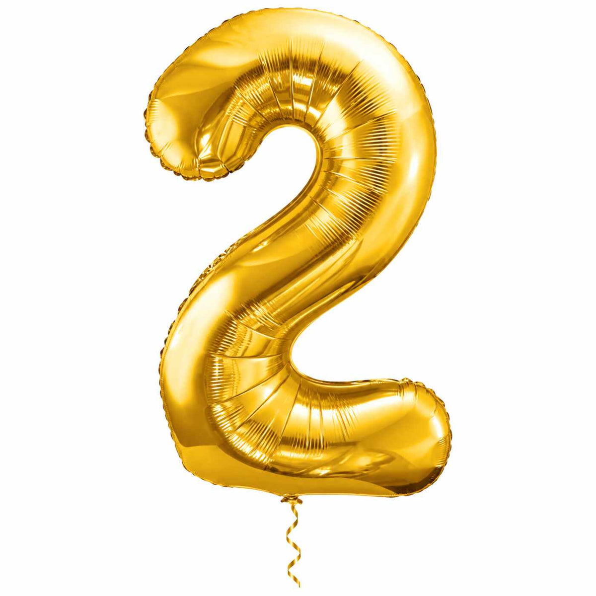 Cijfer 2 Helium Ballon Goud met dun metallic gouden lint op witte achtergrond – Ballonnenshop.nl
